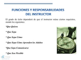 El grado de éxito dependerá de que el instructor reúna ciertos requisitos,
siendo los siguientes:
*Que Quiera
* Que Sepa
* Que Sepa Cómo
* Que Sepa Cómo Aprenden los Adultos
*Que Sepa Comunicarse
* Que Sea Flexible
 