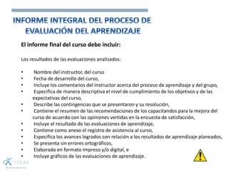 El informe final del curso debe incluir:
Los resultados de las evaluaciones analizados:
• Nombre del instructor, del curso
• Fecha de desarrollo del curso,
• Incluye los comentarios del instructor acerca del proceso de aprendizaje y del grupo,
• Especifica de manera descriptiva el nivel de cumplimiento de los objetivos y de las
expectativas del curso,
• Describe las contingencias que se presentaron y su resolución,
• Contiene el resumen de las recomendaciones de los capacitandos para la mejora del
curso de acuerdo con las opiniones vertidas en la encuesta de satisfacción,
• Incluye el resultado de las evaluaciones de aprendizaje,
• Contiene como anexo el registro de asistencia al curso,
• Especifica los avances logrados con relación a los resultados de aprendizaje planeados,
• Se presenta sin errores ortográficos,
• Elaborado en formato impreso y/o digital, e
• Incluye gráficos de las evaluaciones de aprendizaje.
 