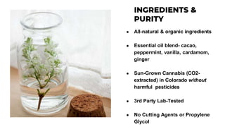 ● All-natural & organic ingredients
● Essential oil blend- cacao,
peppermint, vanilla, cardamom,
ginger
● Sun-Grown Cannabis (CO2-
extracted) in Colorado without
harmful pesticides
● 3rd Party Lab-Tested
● No Cutting Agents or Propylene
Glycol
 