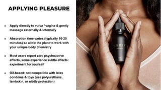 ● Apply directly to vulva / vagina & gently
massage externally & internally
● Absorption time varies (typically 10-20
minutes) so allow the plant to work with
your unique body chemistry
● Most users report zero psychoactive
effects, some experience subtle effects:
experiment for yourself
● Oil-based: not compatible with latex
condoms & toys (use polyurethane,
lambskin, or nitrile protection)
 