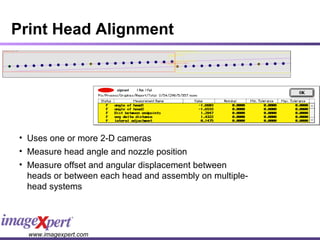 Print Head Alignment Uses one or more 2-D cameras Measure head angle and nozzle position Measure offset and angular displacement between heads or between each head and assembly   on multiple-head systems 