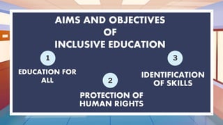 AIMS AND OBJECTIVES
OF
INCLUSIVE EDUCATION
PROTECTION OF
HUMAN RIGHTS
IDENTIFICATION
OF SKILLS
1
2
3
EDUCATION FOR
ALL
 
