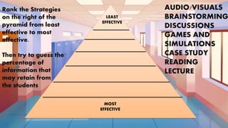 LEAST
EFFECTIVE
MOST
EFFECTIVE
AUDIO/VISUALS
BRAINSTORMING
DISCUSSIONS
GAMES AND
SIMULATIONS
CASE STUDY
READING
LECTURE
Rank the Strategies
on the right of the
pyramid from least
effective to most
effective.
Then try to guess the
percentage of
information that
may retain from
the students
 