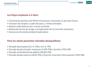 4
SITUACION ACTUAL
Los flujos empiezan a ir bien:
• Crecimiento positivo del PIB (6 trimestres) y revisiones al alza del mismo
• Creación de empleo y caída del paro, a ritmos elevados
• Mejora saldo Balanza por cuenta corriente
• Reducción prima de riesgo y recuperación de la inversión extranjera
• Ganancias de productividad (moderadas)
Pero los stocks presentan elevados desequilibrios
• Elevado desempleo (5,5 m. EPA y 4,5 m. PR)
• Elevada deuda privada: empresas (110% PIB) y familias (72% PIB)
• Elevado endeudamiento público (96,8% PIB)
• Elevada deuda externa (162% PIB) y Posición Inversión Internacional (-95% PIB)
 