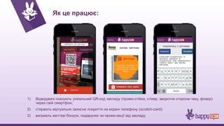 Як це працює:
1) Відвідувачі сканують унікальний QR-код закладу (промо-стійка, стікер, зворотня сторона чеку, флаєр)
через свій смартфон;
2) стирають віртуальне захисне покриття на екрані телефону (scratch-card);
3) виграють миттєві бонуси, подарунки чи промо-акції від закладу.
 