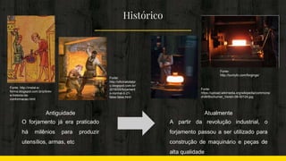 Histórico
Antiguidade
O forjamento já era praticado
há milênios para produzir
utensílios, armas, etc
Atualmente
A partir da revolução industrial, o
forjamento passou a ser utilizado para
construção de maquinário e peças de
alta qualidade
Fonte: http://metal-e-
forma.blogspot.com.br/p/brev
e-historia-da-
conformacao.html
Fonte:
http://oficinatotalpr
o.blogspot.com.br/
2016/05/forjament
o-normal-0-21-
false-false.html
Fonte:
https://upload.wikimedia.org/wikipedia/commons/
d/d8/Bochumer_Verein-08-50124.jpg
Fonte:
http://buntyllc.com/forgings/
 