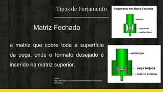 Tipos de Forjamento
Matriz Fechada
a matriz que cobre toda a superfície
da peça, onde o formato desejado é
inserido na matriz superior.
Fonte:
http://www.ebah.com.br/content/ABAAAA6pwAF/processos-
fabricacao
 
