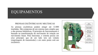EQUIPAMENTOS
PRENSAS EXCÊNTRICAS OU MECÂNICAS
As prensas excêntricas podem atingir até 12.000
toneladas. São compostas de um sistema mais simples que
o das prensas hidráulicas. O princípio de funcionamento é
baseado na transformação do movimento de rotação em
movimento linear. Para funcionar, o sistema possui um
eixo principal, que de um lado tem um volante
(engrenagens de transmissão) e em outro ponto está um
excêntrico.
 