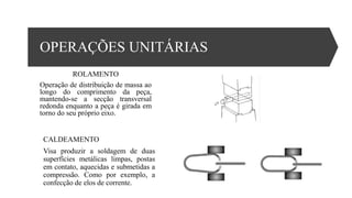 OPERAÇÕES UNITÁRIAS
ROLAMENTO
Operação de distribuição de massa ao
longo do comprimento da peça,
mantendo-se a secção transversal
redonda enquanto a peça é girada em
torno do seu próprio eixo.
CALDEAMENTO
Visa produzir a soldagem de duas
superfícies metálicas limpas, postas
em contato, aquecidas e submetidas a
compressão. Como por exemplo, a
confecção de elos de corrente.
 