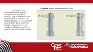 • Figura 1: Barrios, Pivetta e Yoshikawa, 2011.
O forjamento está
associado a uma variação na
macroestrutura do material
metálico. A figura ao lado ilustra o
fibramento de um metal de um
flange produzido por usinagem (a) e
forjamento (b) que é muito mais
favorável, pois promove maior
resistência à flexão no caso de o
flange ter de suportar alta pressão.
 