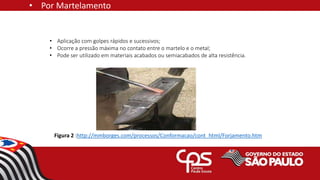 • Aplicação com golpes rápidos e sucessivos;
• Ocorre a pressão máxima no contato entre o martelo e o metal;
• Pode ser utilizado em materiais acabados ou semiacabados de alta resistência.
Figura 1
Figura 2 :http://mmborges.com/processos/Conformacao/cont_html/Forjamento.htm
• Por Martelamento
 