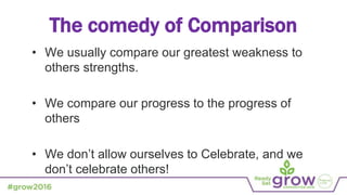 The comedy of Comparison
• We usually compare our greatest weakness to
others strengths.
• We compare our progress to the progress of
others
• We don’t allow ourselves to Celebrate, and we
don’t celebrate others!
 