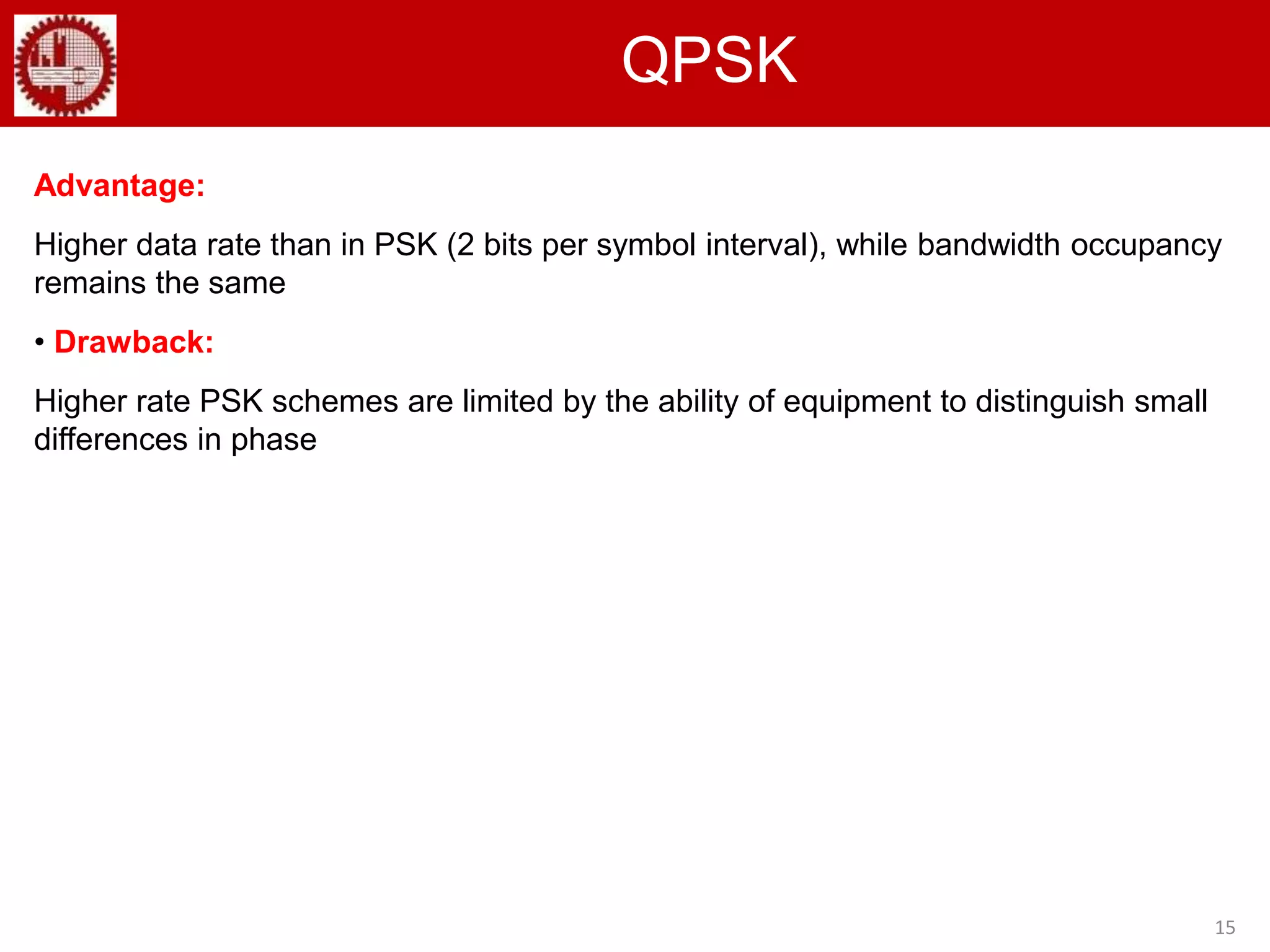 15
QPSK
Advantage:
Higher data rate than in PSK (2 bits per symbol interval), while bandwidth occupancy
remains the same
• Drawback:
Higher rate PSK schemes are limited by the ability of equipment to distinguish small
differences in phase
 