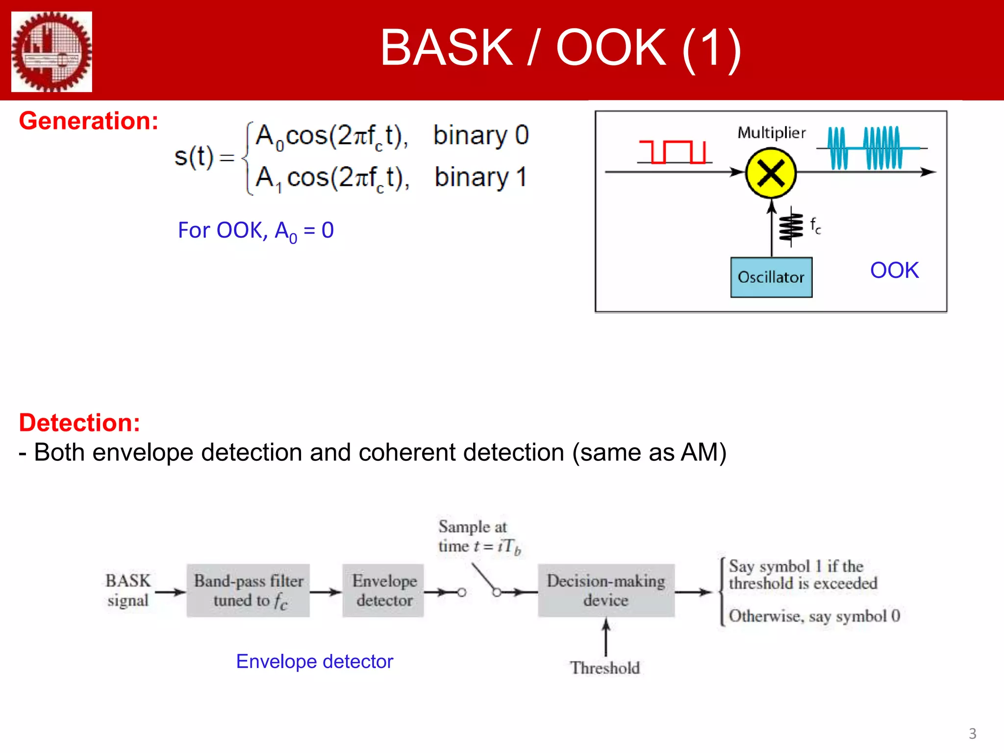 3
BASK / OOK (1)
Generation:
Detection:
- Both envelope detection and coherent detection (same as AM)
For OOK, A0 = 0
OOK
Envelope detector
 