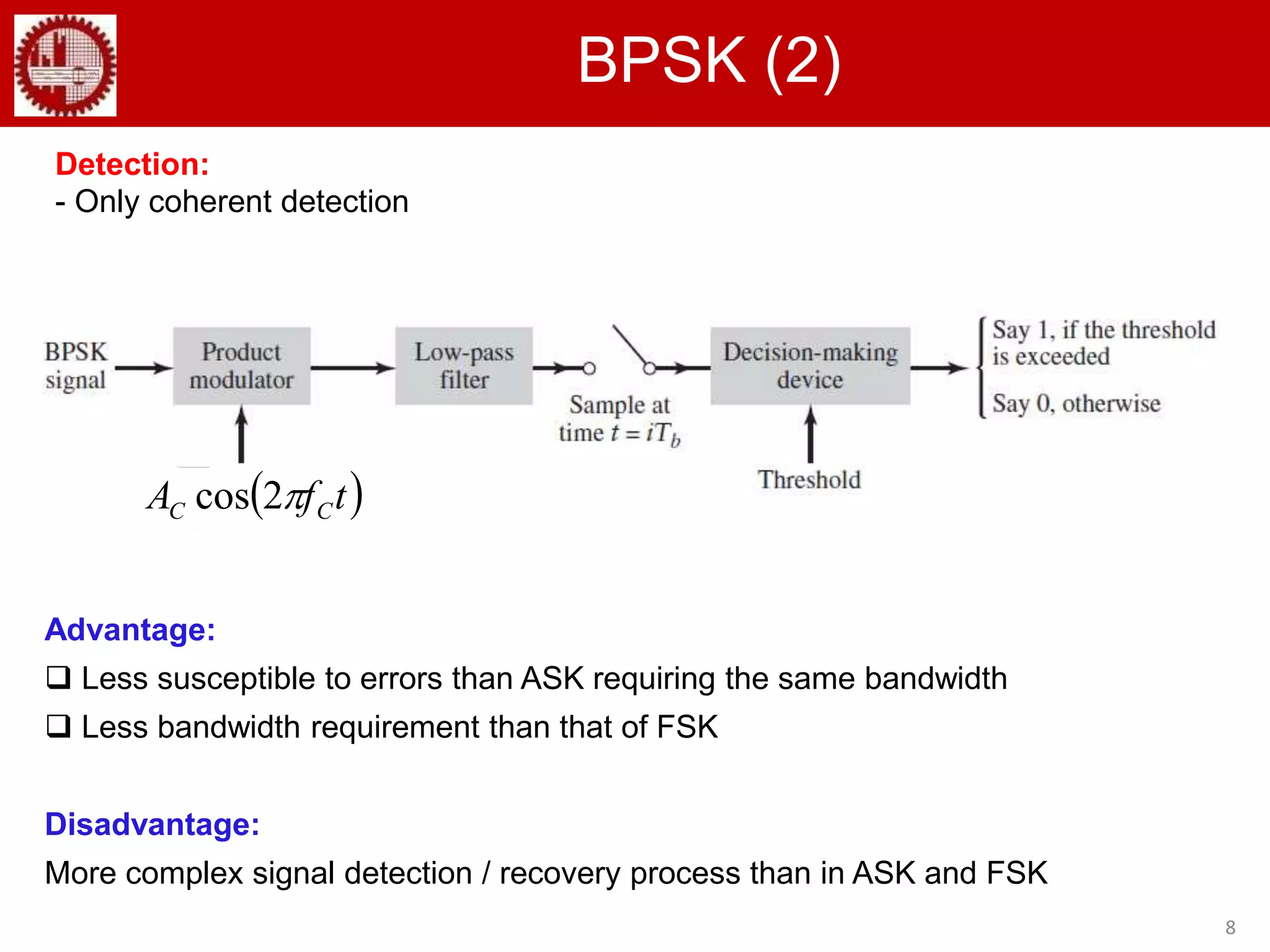 8
BPSK (2)
Detection:
- Only coherent detection
Advantage:
 Less susceptible to errors than ASK requiring the same bandwidth
 Less bandwidth requirement than that of FSK
Disadvantage:
More complex signal detection / recovery process than in ASK and FSK
 tfA CC 2cos
 