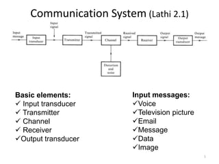 Communication System (Lathi 2.1)
1
Basic elements:
 Input transducer
 Transmitter
 Channel
 Receiver
Output transducer
Input messages:
Voice
Television picture
Email
Message
Data
Image
 