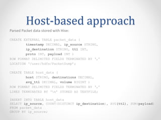 Host-based approach
Parsed Packet data stored with Hive:
CREATE EXTERNAL TABLE packet_data (
timestamp DECIMAL, ip_source STRING,
ip_destination STRING, ttl INT,
proto INT, payload INT )
ROW FORMAT DELIMITED FIELDS TERMINATED BY ‘,’
LOCATION ‘/user/hdfs/PacketDump’;
CREATE TABLE host_data (
host STRING, destinations DECIMAL,
avg_ttl DECIMAL, volume BIGINT )
ROW FORMAT DELIMITED FIELDS TERMINATED BY ‘,’
LINES TERMINATED BY ‘n’ STORED AS TEXTFILE;
INSERT INTO TABLE host_data
SELECT ip_source, COUNT(DISTINCT ip_destination), AVG(ttl), SUM(payload)
FROM packet_data
GROUP BY ip_source;
 