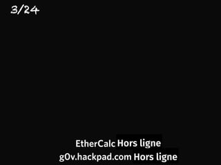 3/24
EtherCalc Offline
g0v.hackpad.com Offline
Hors ligne
Hors ligne
 