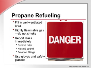 © BLR®
—Business & Legal Resources 1202
Propane Refueling
• Fill in well-ventilated
area
• Highly flammable gas
—do not smoke
• Report leaks
immediately
• Distinct odor
• Hissing sound
• Frost on fittings
• Use gloves and safety
glasses
 