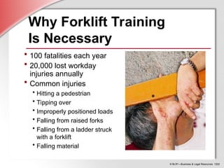 © BLR®
—Business & Legal Resources 1202
Why Forklift Training
Is Necessary
• 100 fatalities each year
• 20,000 lost workday
injuries annually
• Common injuries
• Hitting a pedestrian
• Tipping over
• Improperly positioned loads
• Falling from raised forks
• Falling from a ladder struck
with a forklift
• Falling material
 