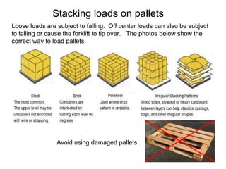 Stacking loads on pallets
Loose loads are subject to falling. Off center loads can also be subject
to falling or cause the forklift to tip over. The photos below show the
correct way to load pallets.
Avoid using damaged pallets.
 