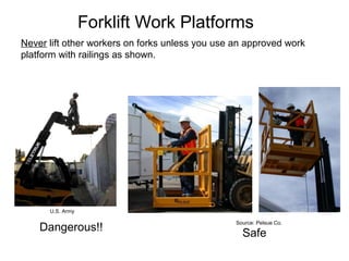 Forklift Work Platforms
Dangerous!!
Safe
Never lift other workers on forks unless you use an approved work
platform with railings as shown.
Source: Pelsue Co.
U.S. Army
 