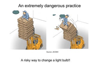 An extremely dangerous practice
A risky way to change a light bulb!!
Source: JICOSH
 