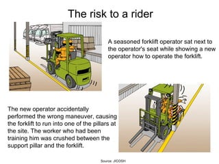 The risk to a rider
A seasoned forklift operator sat next to
the operator's seat while showing a new
operator how to operate the forklift.
The new operator accidentally
performed the wrong maneuver, causing
the forklift to run into one of the pillars at
the site. The worker who had been
training him was crushed between the
support pillar and the forklift.
Source: JICOSH
 