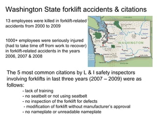 Washington State forklift accidents & citations
1000+ employees were seriously injured
(had to take time off from work to recover)
in forklift-related accidents in the years
2006, 2007 & 2008
13 employees were killed in forklift-related
accidents from 2000 to 2009
The 5 most common citations by L & I safety inspectors
involving forklifts in last three years (2007 – 2009) were as
follows:
- lack of training
- no seatbelt or not using seatbelt
- no inspection of the forklift for defects
- modification of forklift without manufacturer’s approval
- no nameplate or unreadable nameplate
 