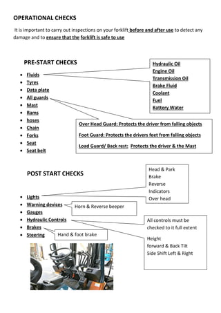 OPERATIONAL CHECKS
It is important to carry out inspections on your forklift before and after use to detect any
damage and to ensure that the forklift is safe to use
PRE-START CHECKS
 Fluids
 Tyres
 Data plate
 All guards
 Mast
 Rams
 hoses
 Chain
 Forks
 Seat
 Seat belt
POST START CHECKS
 Lights
 Warning devices
 Gauges
 Hydraulic Controls
 Brakes
 Steering
Hydraulic Oil
Engine Oil
Transmission Oil
Brake Fluid
Coolant
Fuel
Battery Water
Over Head Guard: Protects the driver from falling objects
Foot Guard: Protects the drivers feet from falling objects
Load Guard/ Back rest: Protects the driver & the Mast
Head & Park
Brake
Reverse
Indicators
Over head
All controls must be
checked to it full extent
Height
forward & Back Tilt
Side Shift Left & Right
Horn & Reverse beeper
Hand & foot brake
 