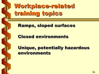 Workplace-related
training topics
Ramps, sloped surfaces
Closed environments
Unique, potentially hazardous
environments

5c

 