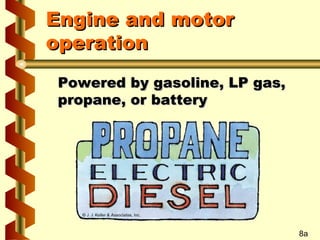 Engine and motor
operation
Powered by gasoline, LP gas,
propane, or battery

8a

 