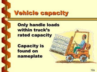 Vehicle capacity
Only handle loads
within truck’s
rated capacity
Capacity is
found on
nameplate
12a

 
