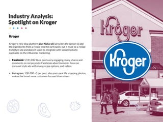 Kroger’s new blog platform Live Naturally provides the option to add
the ingredients from a recipe into the cart easily, but it must be a recipe
from their site and doesn’t seem to integrate with social media to
capitalize on the influencer marketing.
▪ 1,591,012 likes, posts very engaging, many shares and
comments on recipe posts; Facebook advertisements focus on
carousel style ads with many recipe options, and videos
▪ Instagram: 100-300 <3 per post; also posts real life shopping photos,
makes the brand more customer-focused than others
 
