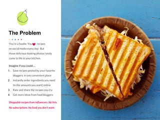 The Problem
You’re a foodie. You recipes
on social media every day. But
those delicious-looking photos rarely
come to life in your kitchen.
Imagine if you could….
1. Save recipes posted by your favorite
bloggers in one convenient place
2. Instantly order ingredients you need
(in the amounts you want) online
3. Rate and share the recipes you try
4. Get more ideas from food bloggers
Shoppable recipes from influencers. No lists.
No subscriptions. No food you don’t want.
 