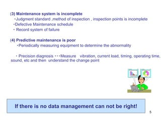 5
(3) Maintenance system is incomplete
・Judgment standard ,method of inspection , inspection points is incomplete
・Defective Maintenance schedule
・ Record system of failure
(4) Predictive maintenance is poor
・Periodically measuring equipment to determine the abnormality
・ Precision diagnosis ・・・Measure vibration, current load, timing, operating time,
sound, etc and then understand the change point
If there is no data management can not be right!
 
