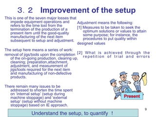 9
３．２ Improvement of the setup
This is one of the seven major losses that
impede equipment operations and
refers to the time lost from the
termination of the production of a
present item until the good-quality
manufacturing of the next item
subsequent to setup and adjustment.
The setup here means a series of work:
removal of jigs/tools upon the completion
of the on-going production, clearing up,
cleaning; preparation,attachment,
adjustment, and measurement of
jigs/tools required for the next item
and manufacturing of non-defective
products.
There remain many issues to be
addressed to shorten the time spent
on ‘internal setup’ (setup during
machine stoppage) and ‘external
setup’ (setup without machine
stoppage) based on IE approach.
Adjustment means the following:
[1] Measures to be taken to seek the
optimum solutions or values to attain
some purpose; for instance, the
procedures to put quality within
designed values
[2] What is achieved through the
repetit ion of trial and errors
Understand the setup, to quantify ！
 