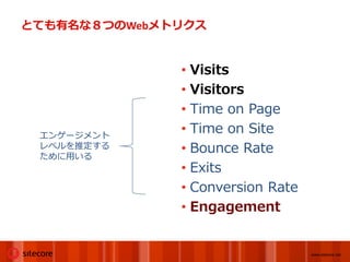 とても有名な８つのWebメトリクス


              • Visits
              • Visitors
              • Time on Page
 エンゲージメント
              • Time on Site
 レベルを推定する
 ために用いる
              • Bounce Rate
              • Exits
              • Conversion Rate
              • Engagement


                                  www.sitecore.net
 