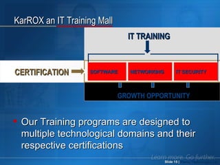 KarROX an IT Training Mall Slide   |   Karrox Technologies Ltd. CERTIFICATION Our Training programs are designed to multiple technological domains and their respective certifications  GROWTH OPPORTUNITY SOFTWARE NETWORKING IT SECURITY SOFTWARE NETWORKING IT SECURITY IT TRAINING  SOFTWARE NETWORKING IT SECURITY 