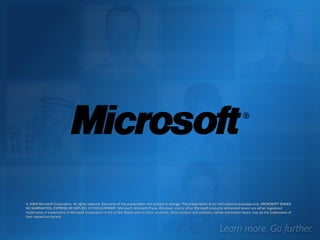 © 2004 Microsoft Corporation. All rights reserved. Elements of this presentation are subject to change. This presentation is for informational purposes only. MICROSOFT MAKES NO WARRANTIES, EXPRESS OR IMPLIED, IN THIS SUMMARY. Microsoft, Microsoft Press, Windows, and/or other Microsoft products referenced herein are either registered trademarks or trademarks of Microsoft Corporation in the United States and/or other countries. Other product and company names mentioned herein may be the trademarks of their respective owners. 