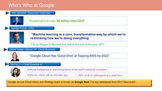 Who’s Who at Google
“Investment of over 30 billion into GCP”
“Google Cloud Has 'Good Shot' at Topping AWS by 2022”
“Machine learning is a core, transformative way by which we’re
re-thinking how we’re doing everything
3 Zone Region in Mumbai live before the end of the year 2017
Google annual Cloud Vision and Strategy event is known as Google Next. For key takeaways from 2017 Next event :
Eric Schmidt - Executive Chairman
Sundar Pichai - CEO
Diane Green –Senior VP, Cloud Business
Artificial intelligence is "the driving force of the fourth industrial revolution,"
Fei Fei Li – Chief Scientist AI
Within AI, Vision will be the killer app. 80% of all of cyberspace is in pixel form
 