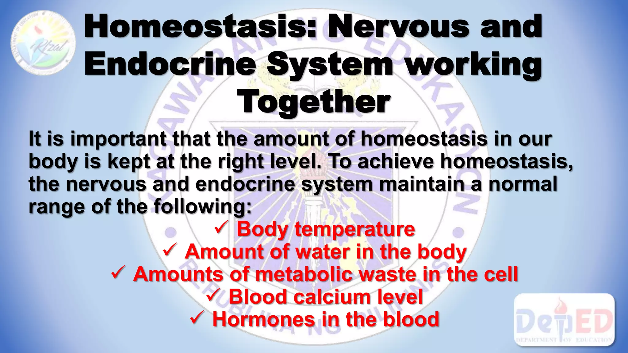 Homeostasis: Nervous and
Endocrine System working
Together
It is important that the amount of homeostasis in our
body is kept at the right level. To achieve homeostasis,
the nervous and endocrine system maintain a normal
range of the following:
 Body temperature
 Amount of water in the body
 Amounts of metabolic waste in the cell
 Blood calcium level
 Hormones in the blood
 