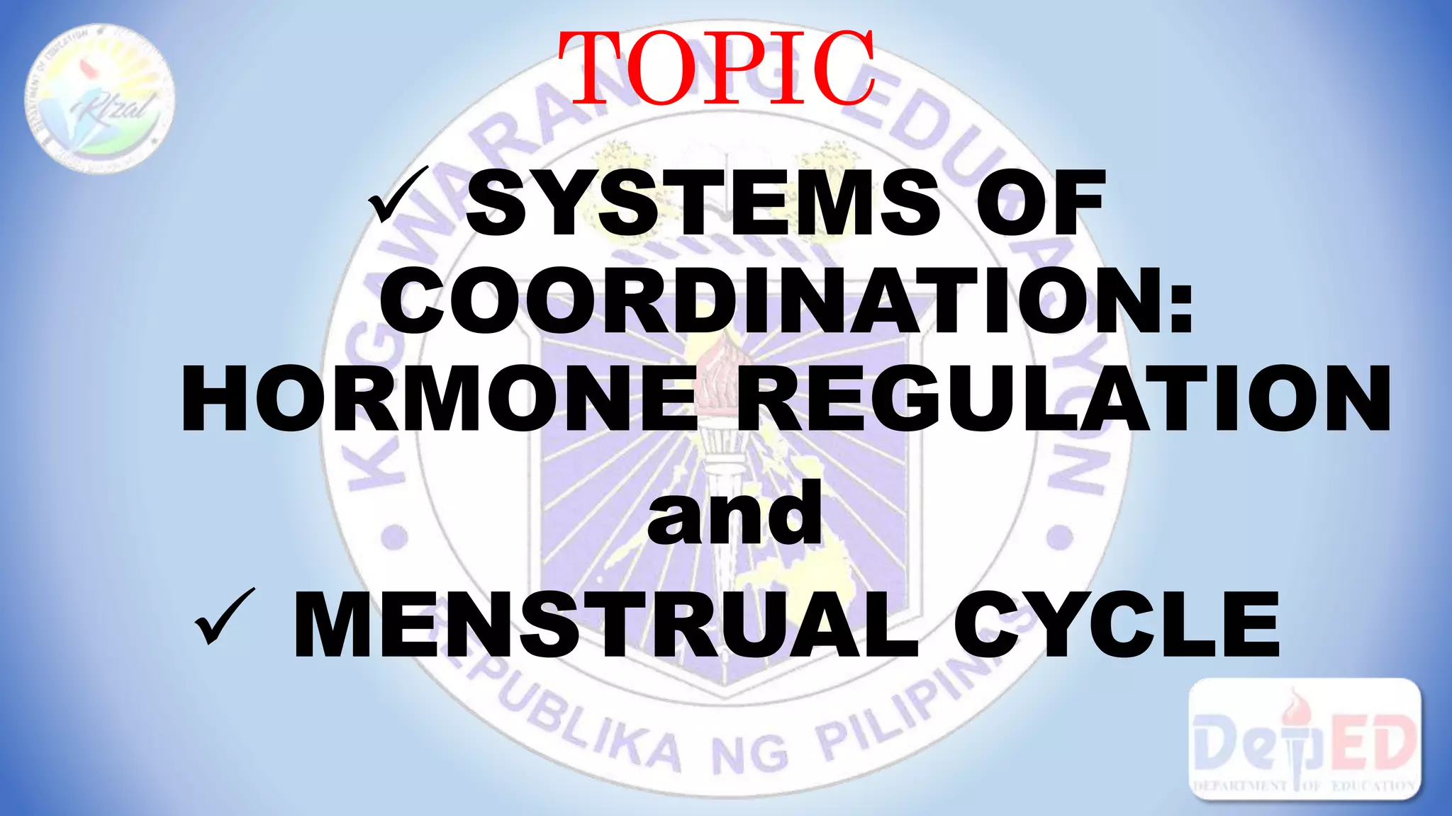 SYSTEMS OF
COORDINATION:
HORMONE REGULATION
and
 MENSTRUAL CYCLE
TOPIC
 