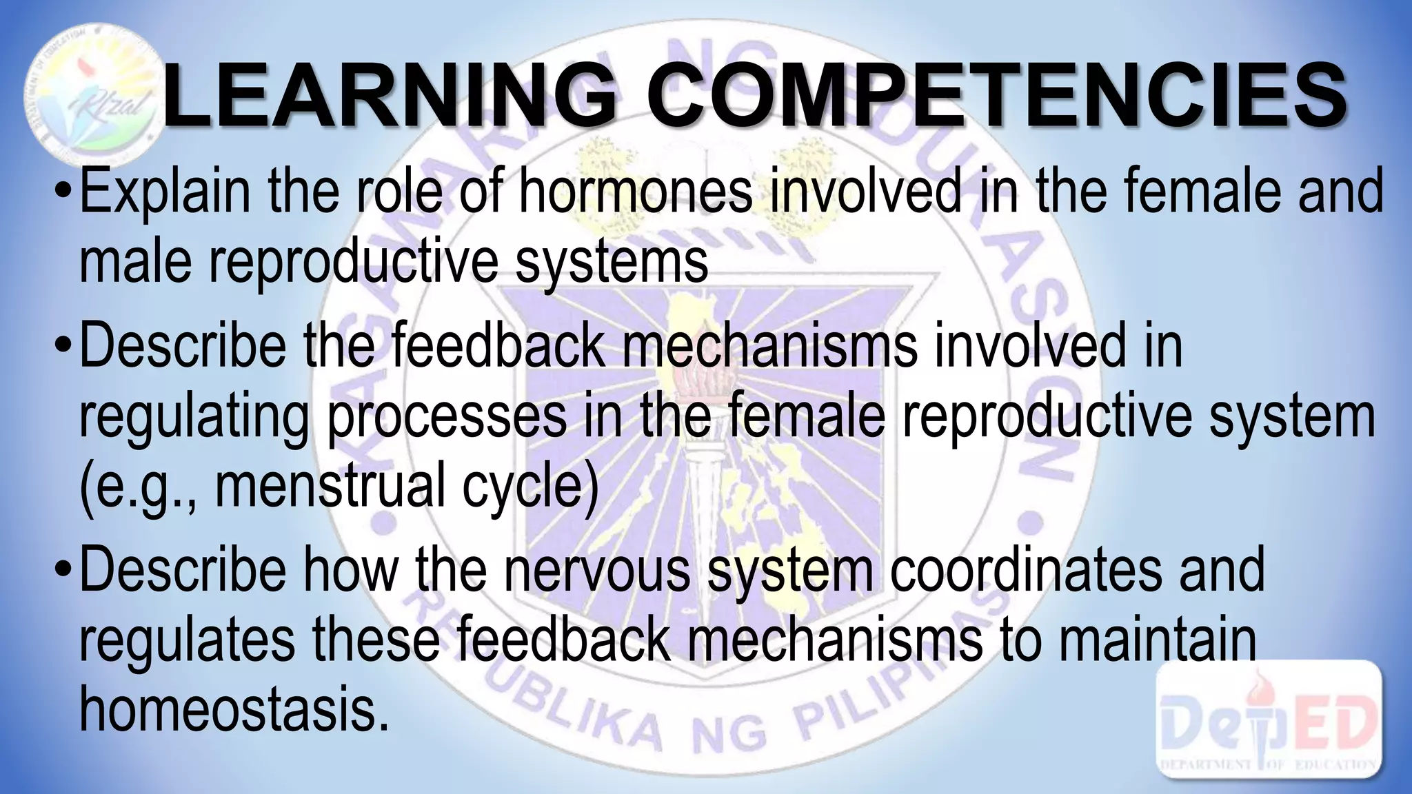 LEARNING COMPETENCIES
•Explain the role of hormones involved in the female and
male reproductive systems
•Describe the feedback mechanisms involved in
regulating processes in the female reproductive system
(e.g., menstrual cycle)
•Describe how the nervous system coordinates and
regulates these feedback mechanisms to maintain
homeostasis.
 