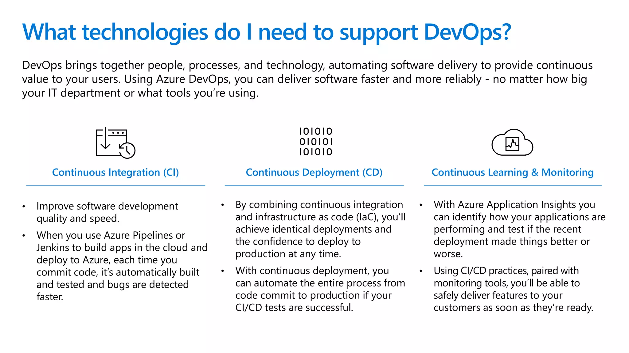 DevOps brings together people, processes, and technology, automating software delivery to provide continuous
value to your users. Using Azure DevOps, you can deliver software faster and more reliably - no matter how big
your IT department or what tools you’re using.
What technologies do I need to support DevOps?
Continuous Integration (CI)
• Improve software development
quality and speed.
• When you use Azure Pipelines or
Jenkins to build apps in the cloud and
deploy to Azure, each time you
commit code, it’s automatically built
and tested and bugs are detected
faster.
Continuous Deployment (CD)
• By combining continuous integration
and infrastructure as code (IaC), you’ll
achieve identical deployments and
the confidence to deploy to
production at any time.
• With continuous deployment, you
can automate the entire process from
code commit to production if your
CI/CD tests are successful.
Continuous Learning & Monitoring
• With Azure Application Insights you
can identify how your applications are
performing and test if the recent
deployment made things better or
worse.
• Using CI/CD practices, paired with
monitoring tools, you’ll be able to
safely deliver features to your
customers as soon as they’re ready.
 