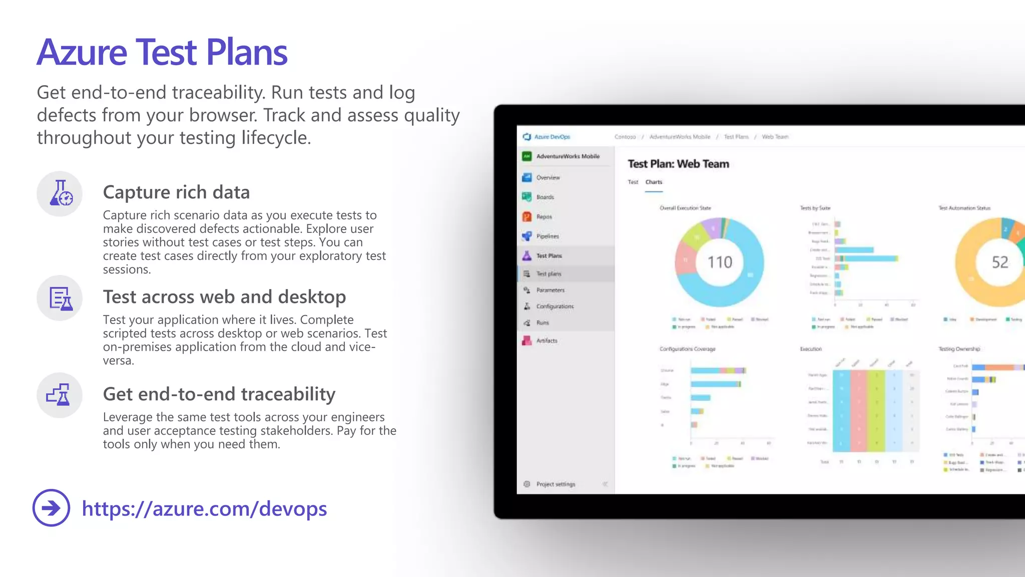 Get end-to-end traceability. Run tests and log
defects from your browser. Track and assess quality
throughout your testing lifecycle.
Azure Test Plans
Capture rich data
Capture rich scenario data as you execute tests to
make discovered defects actionable. Explore user
stories without test cases or test steps. You can
create test cases directly from your exploratory test
sessions.
Test across web and desktop
Test your application where it lives. Complete
scripted tests across desktop or web scenarios. Test
on-premises application from the cloud and vice-
versa.
Get end-to-end traceability
Leverage the same test tools across your engineers
and user acceptance testing stakeholders. Pay for the
tools only when you need them.
https://azure.com/devops
 