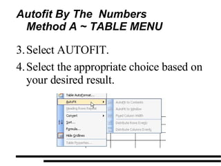 Autofit By The  Numbers Method A ~ TABLE MENU  Select AUTOFIT. Select the appropriate choice based on your desired result. 