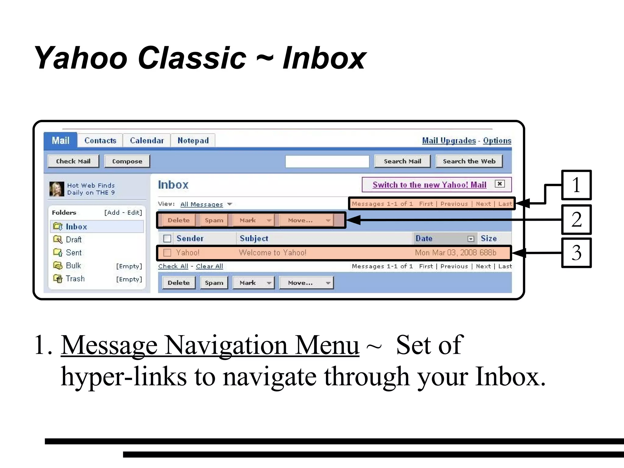 Yahoo Classic ~ Inbox Message Navigation Menu  ~  Set of  hyper-links to navigate through your Inbox. 2 1 3 