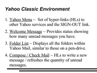 Yahoo Classic Environment Yahoo Menu  ~  Set of hyper-links (HLs) to other Yahoo services and the SIGN-OUT link. Welcome Message  ~ Provides status showing how many unread messages you have. Folder List  ~ Displays all the folders within Yahoo Mail, similar to those on a pen-drive. Compose / Check Mail  ~ HLs to write a new message / refreshes the quantity of unread messages. 