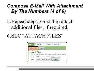 Compose E-Mail With Attachment  By The Numbers (4 of 6) Repeat steps 3 and 4 to attach additional files, if required. SLC “ATTACH FILES” 